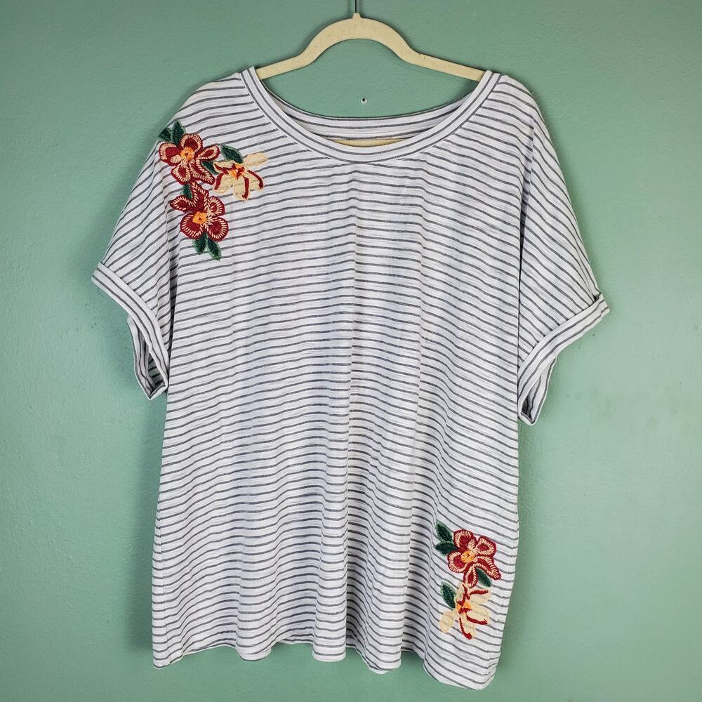 Skies Are Blue Striped Embroidered Floral Short Sleeve Top Size 3X